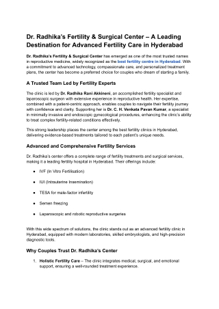 Dr. Radhika’s Fertility & Surgical Center – A Leading Destination for Advanced Fertility Care in Hyderabad