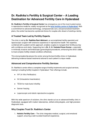 Dr. Radhika’s Fertility & Surgical Center – A Leading Destination for Advanced Fertility Care in Hyderabad