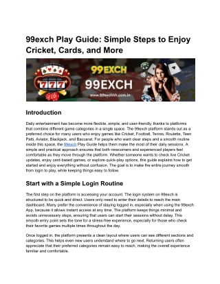 99exch Play Guide: Simple Steps to Enjoy Cricket, Cards, and More
