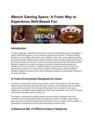 99exch Gaming Space: A Fresh Way to Experience Skill-Based Fun