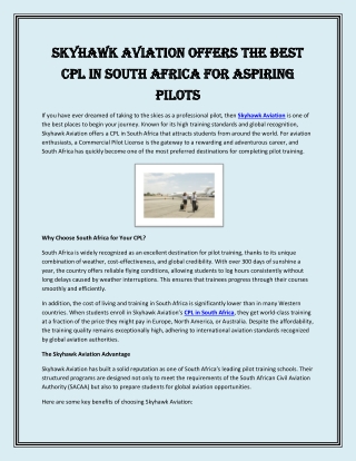 Skyhawk Aviation Offers the Best CPL in South Africa for Aspiring Pilots