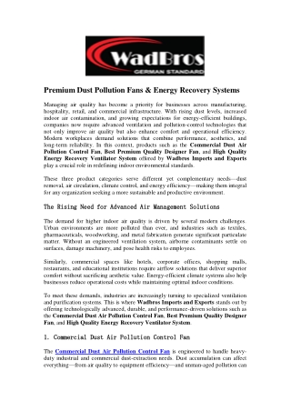Premium Dust Pollution Fans & Energy Recovery Systems