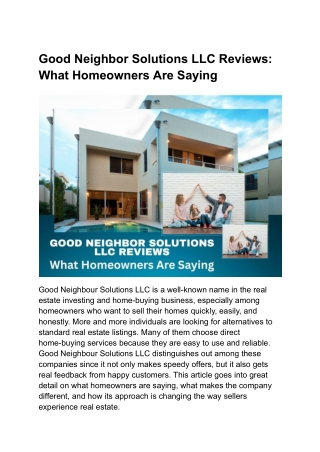 Good Neighbor Solutions LLC Reviews: Stress-Free Home Selling Experiences Shared