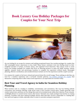 Book Luxury Goa Holiday Packages for Couples for Your Next Trip