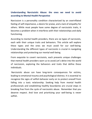 Understanding Narcissistic Abuse the ones we need to avoid according to Mental Health Perspective