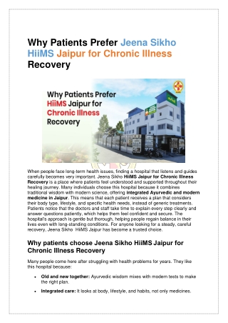Why Patients Prefer Jeena Sikho HiiMS Jaipur for Chronic Illness Recovery