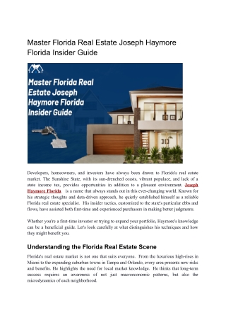 Joseph Haymore on Mastering Florida’s Real Estate Market