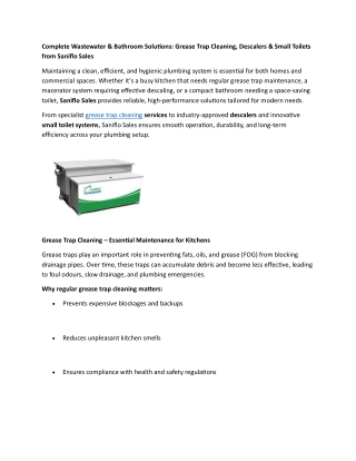 Complete Wastewater & Bathroom Solutions - Grease Trap Cleaning, Descalers & Small Toilets from Saniflo Sales
