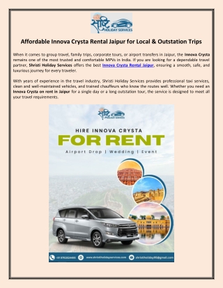 Affordable Innova Crysta Rental Jaipur for Local & Outstation Trips