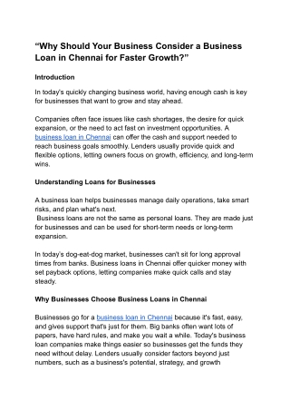 “Why Should Your Business Consider a Business Loan in Chennai for Faster Growth