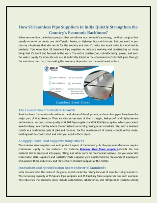 How SS Seamless Pipe Suppliers in India Quietly Strengthen the Country