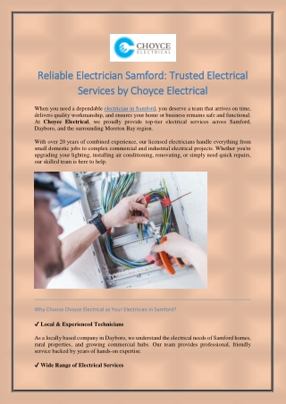 Reliable Electrician Samford Trusted Electrical Services by Choyce Electrical