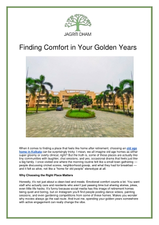 Best Old Age Home in Kolkata | Trusted & Premium Elder Care