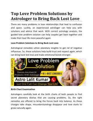 Top Love Problem Solutions by Astrologer to Bring Back Lost Love