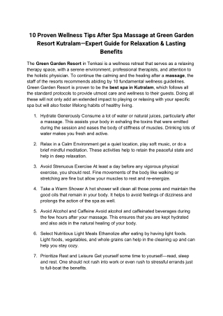 Top 10 Post Spa Wellness tips by Green Garden Resort, Kutralam