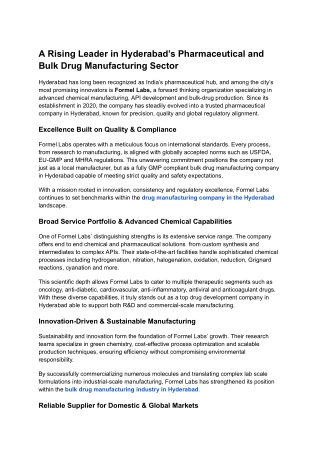 A Rising Leader in Hyderabad’s Pharmaceutical and Bulk Drug Manufacturing Sector