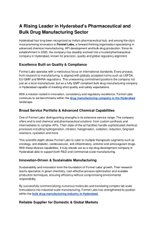 A Rising Leader in Hyderabad’s Pharmaceutical and Bulk Drug Manufacturing Sector