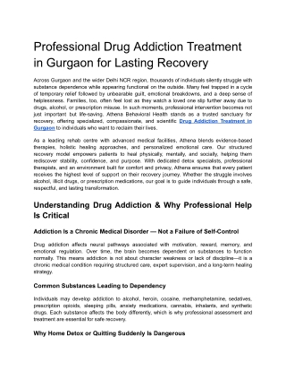 Professional Drug Addiction Treatment in Gurgaon for Lasting Recovery