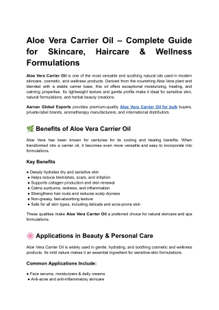 Aloe Vera Carrier Oil – Benefits, Uses & Bulk Supply Guide