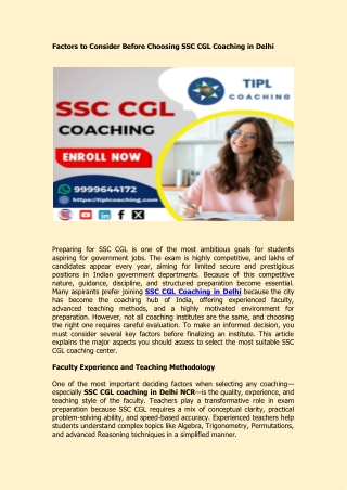 Factors to Consider Before Choosing SSC CGL Coaching in Delhi