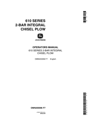 John Deere 610 Series 2-Bar Integral Chisel Plow Operator’s Manual Instant Download (Publication No.omn200096)