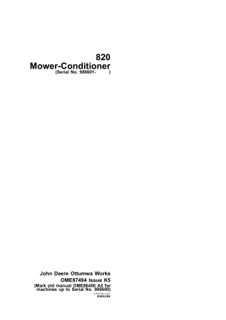 John Deere 820 Mower-Conditioner (Serial No.986601-) Operator’s Manual Instant Download (Publication No.ome87494)
