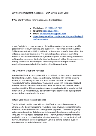 Buy Verified Go2Bank Accounts – USA Virtual Bank Card