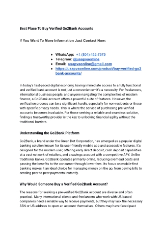 Best Place To Buy Verified Go2Bank Accounts