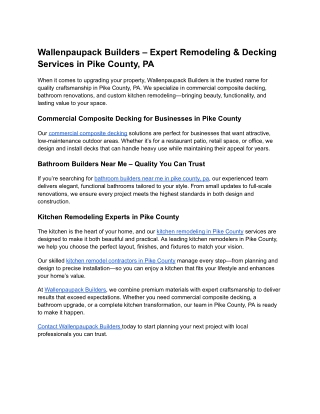 Wallenpaupack Builders – Expert Remodeling & Decking Services in Pike County, PA