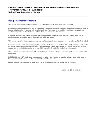 John Deere 1026R Compact Utility Tractor (European) Operator’s Manual Instant Download (Publication No. OMLVU25864)