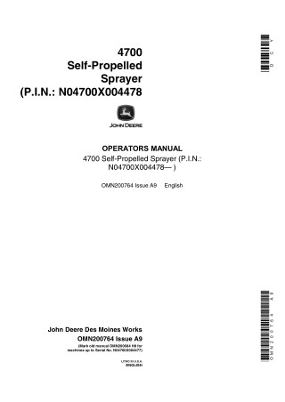 John Deere 4700 Self-Propelled Sprayer (Pin.N04700X004478-) Operator’s Manual Instant Download (Publication No.omn200764