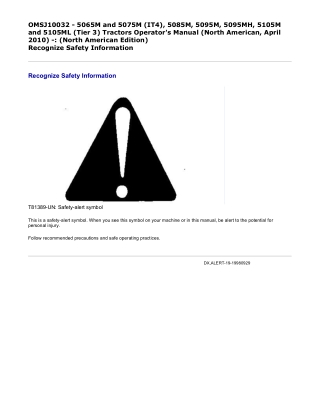 John Deere 5065M and 5075M (IT4), 5085M, 5095M, 5095MH, 5105M and 5105ML (Tier 3) Tractors (North American Edition) Oper