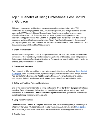 Top 10 Benefits of Hiring Professional Pest Control in Gurgaon