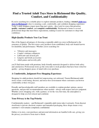 Find a Trusted Adult Toys Store in Richmond like Quality, Comfort, and Confidentiality