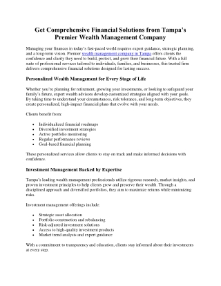 Get Comprehensive Financial Solutions from Tampa’s Premier Wealth Management Company