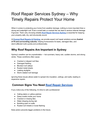 Roof Repair Services Sydney – Why Timely Repairs Protect Your Home