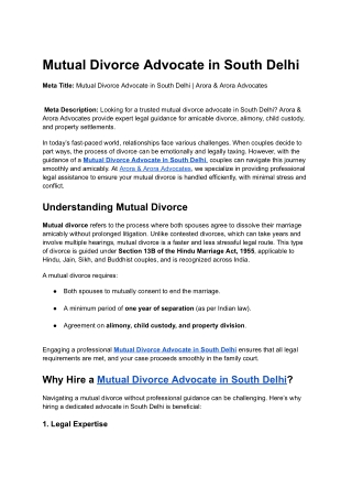 Mutual Divorce Advocate in South Delhi
