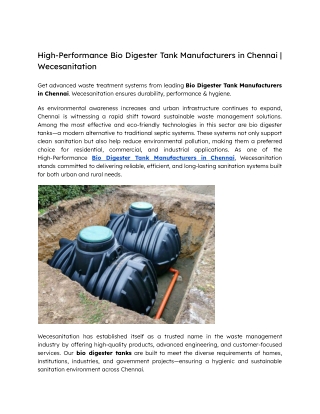High-Performance Bio Digester Tank Manufacturers in Chennai  Wecesanitation