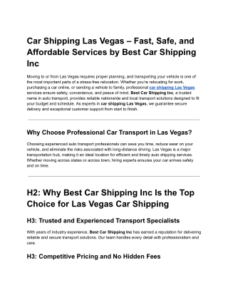 Car Shipping Las Vegas – Fast, Safe, and Affordable Services by Best Car Shipping Inc