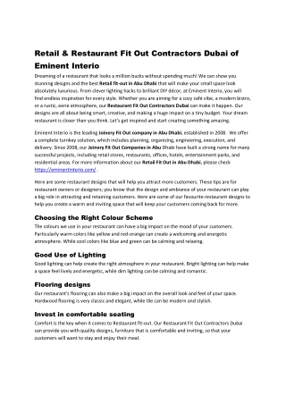 Retail & Restaurant Fit Out Contractors Dubai of Eminent Interio