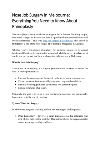 Nose Job Surgery in Melbourne Everything You Need to Know About Rhinoplasty