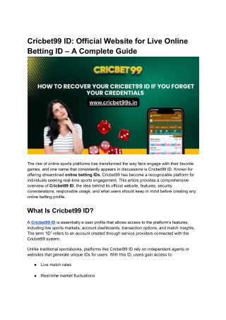Cricbet99 ID_ Official Website for Live Online Betting ID – A Complete Guide