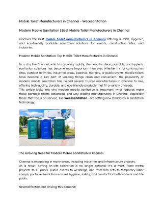 Modern Mobile Sanitation  Best Mobile Toilet Manufacturers in Chennai