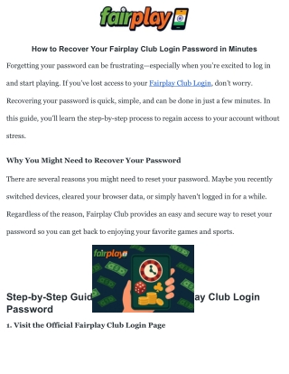 How to Recover Your Fairplay Club Login Password in Minutes