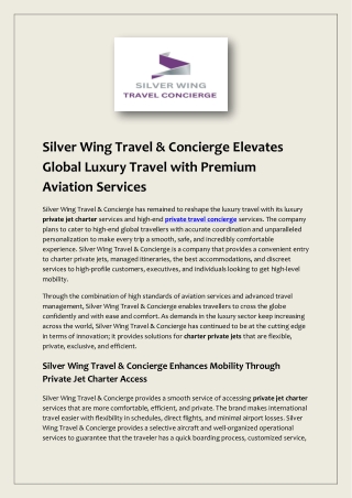 Silver Wing Travel & Concierge Elevates Global Luxury Travel with Premium Aviation Services