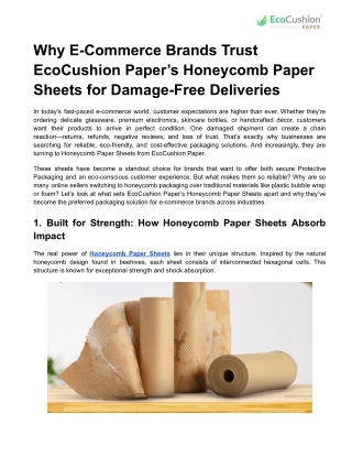 Why E-Commerce Brands Trust EcoCushion Paper’s Honeycomb Paper Sheets for Damage-Free Deliveries