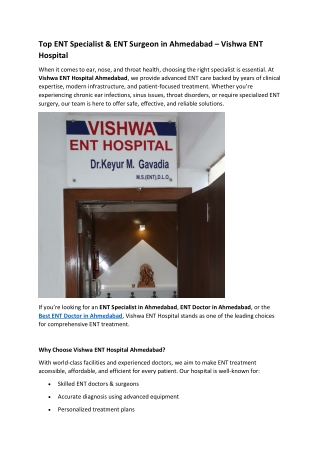 Top ENT Specialist & ENT Surgeon in Ahmedabad – Vishwa ENT Hospital