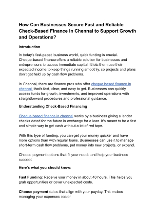 How Can Businesses Secure Fast and Reliable Check-Based Finance in Chennai to Support Growth and Operations