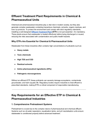 Effluent Treatment Plant Requirements in Chemical & Pharmaceutical Units