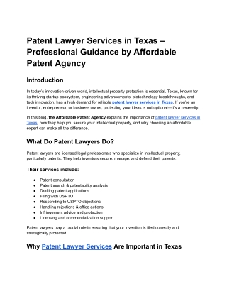 Patent Lawyer Services in Texas – Professional Guidance by Affordable Patent Agency
